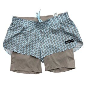 adidas Womens X Marimekko Run Icons Logo 2 In 1 Running Shorts Ice Blue XL